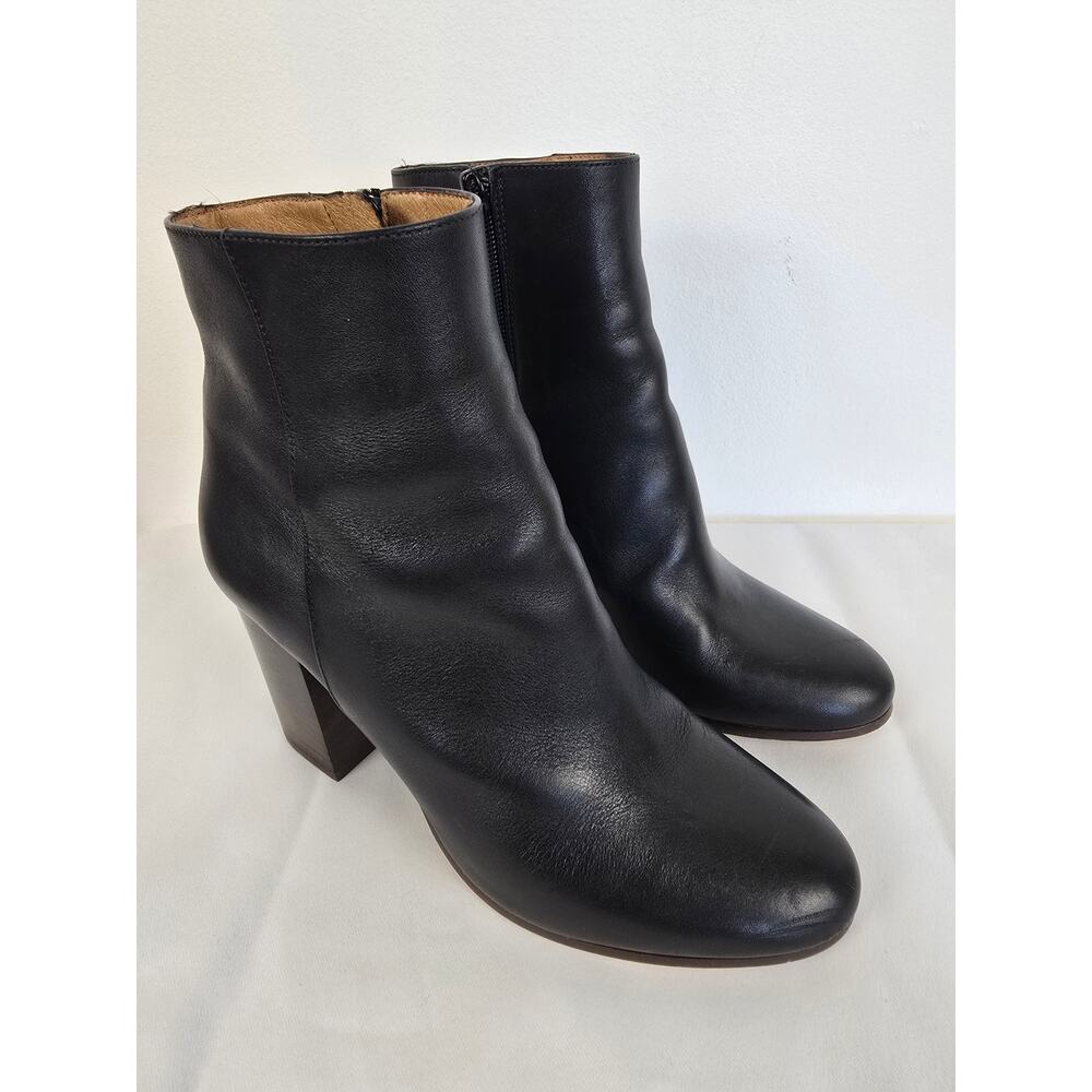 Maje Black Leather Ankle Booties Block Heel Minimal Size 36 US 6